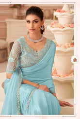 India Silk Sky Blue Sarees With Silver Chiffon Shimmer Combine Rich Silk Texture With A Delicate